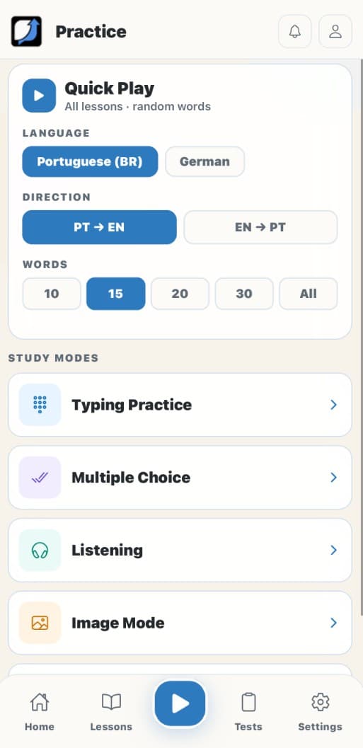 Eluency Quick Play mobile screen with the Eluency app logo and available practice modes