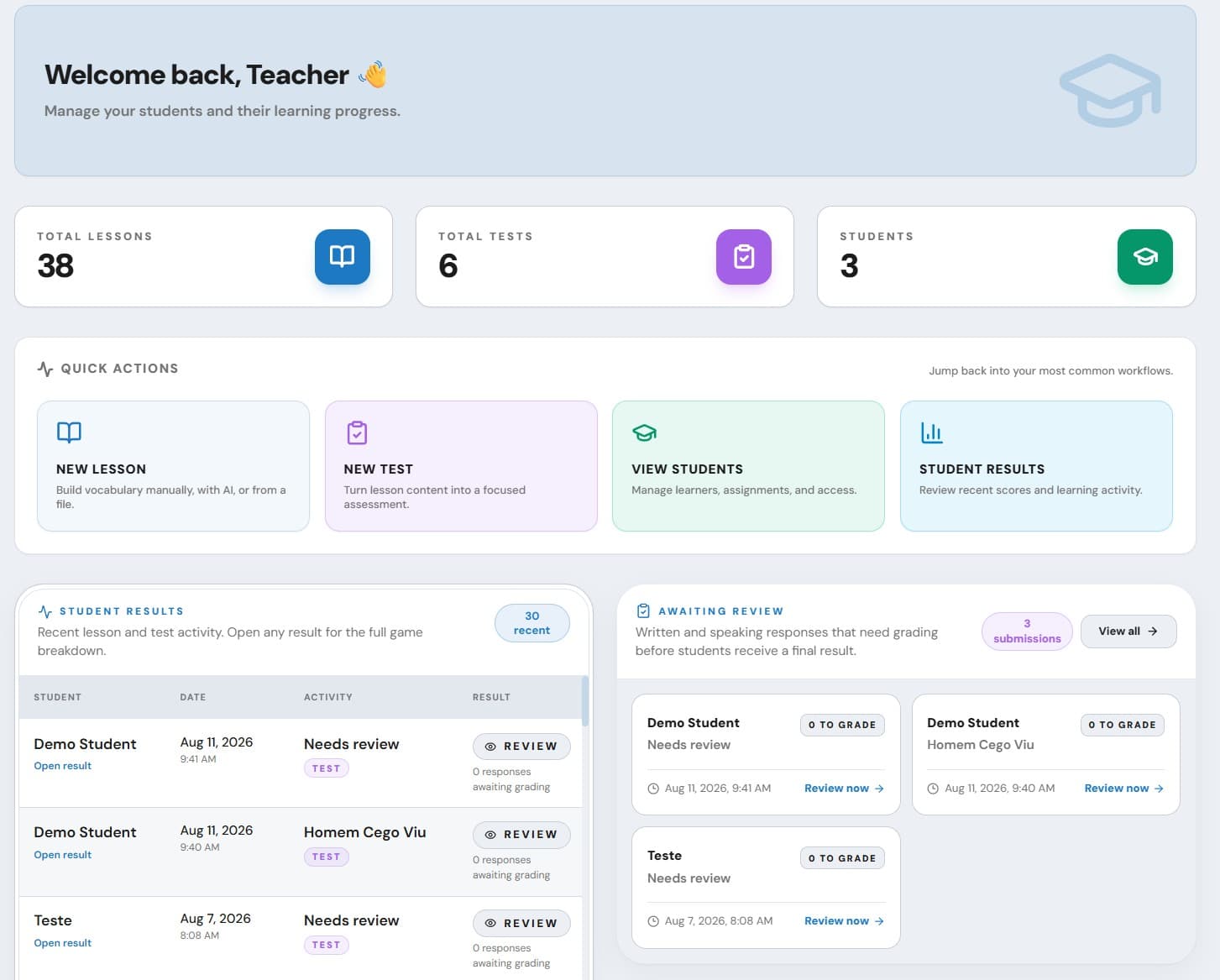 Eluency teacher dashboard showing lessons, tests, students, quick actions, and recent results