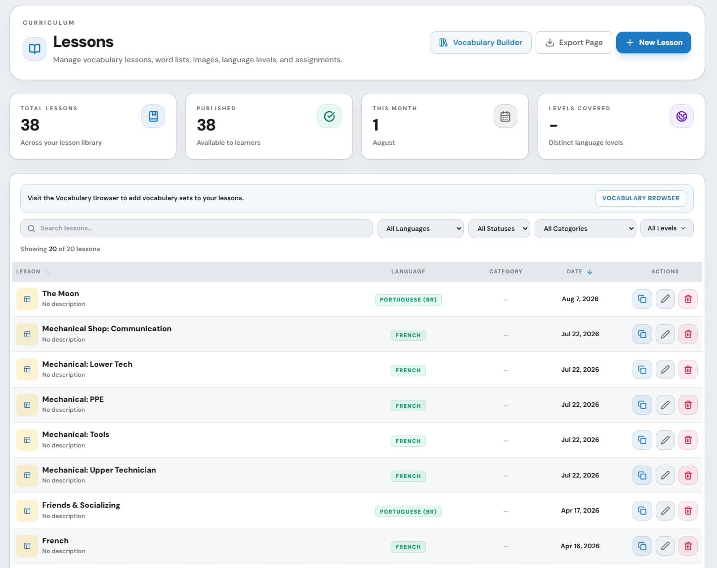 Eluency lesson library with curriculum controls, filters, language labels, and lesson actions